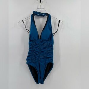 Magic suit blue and‎ black ruched one piece swimsuit size 8